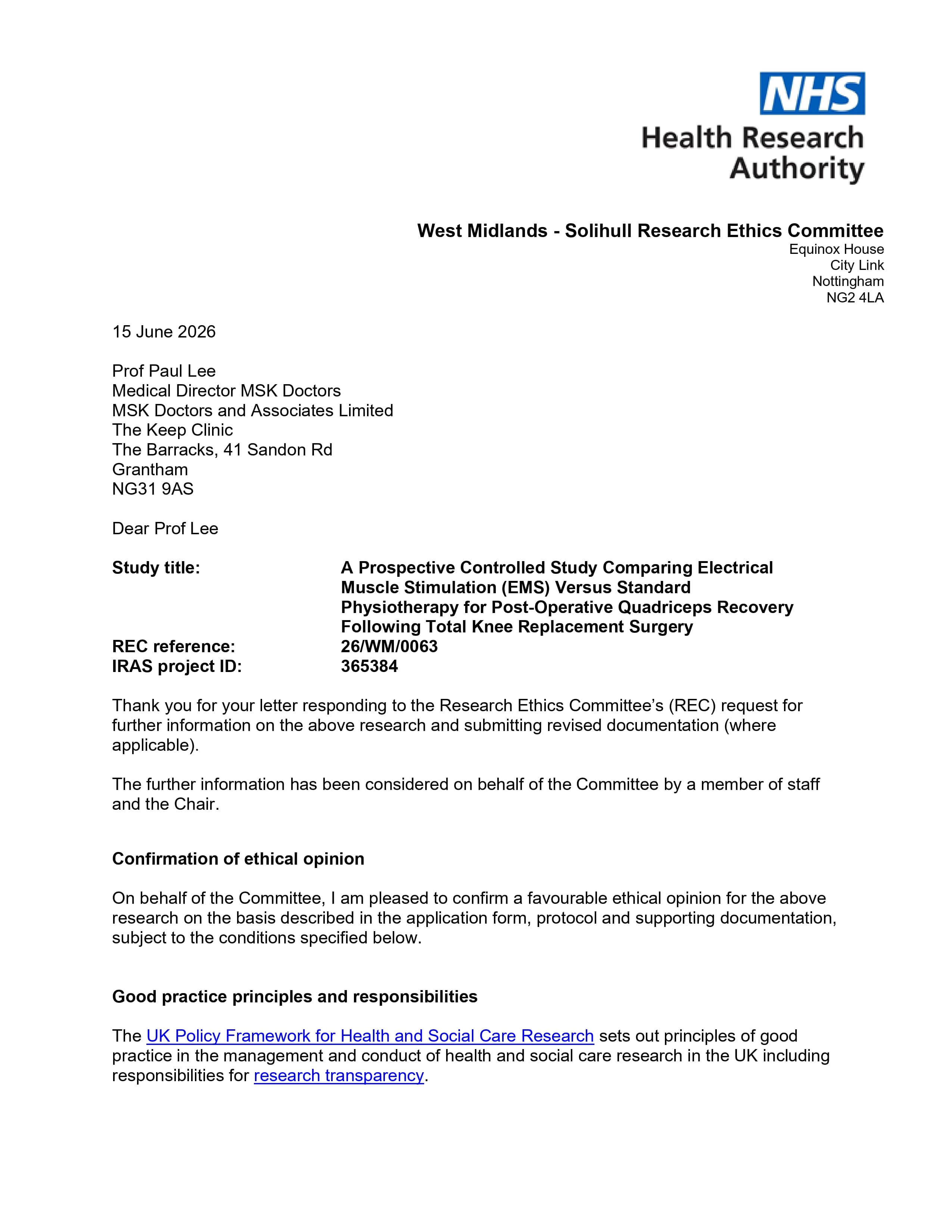 Ethics approval for Regen EMS™ Quadriceps Recovery Study