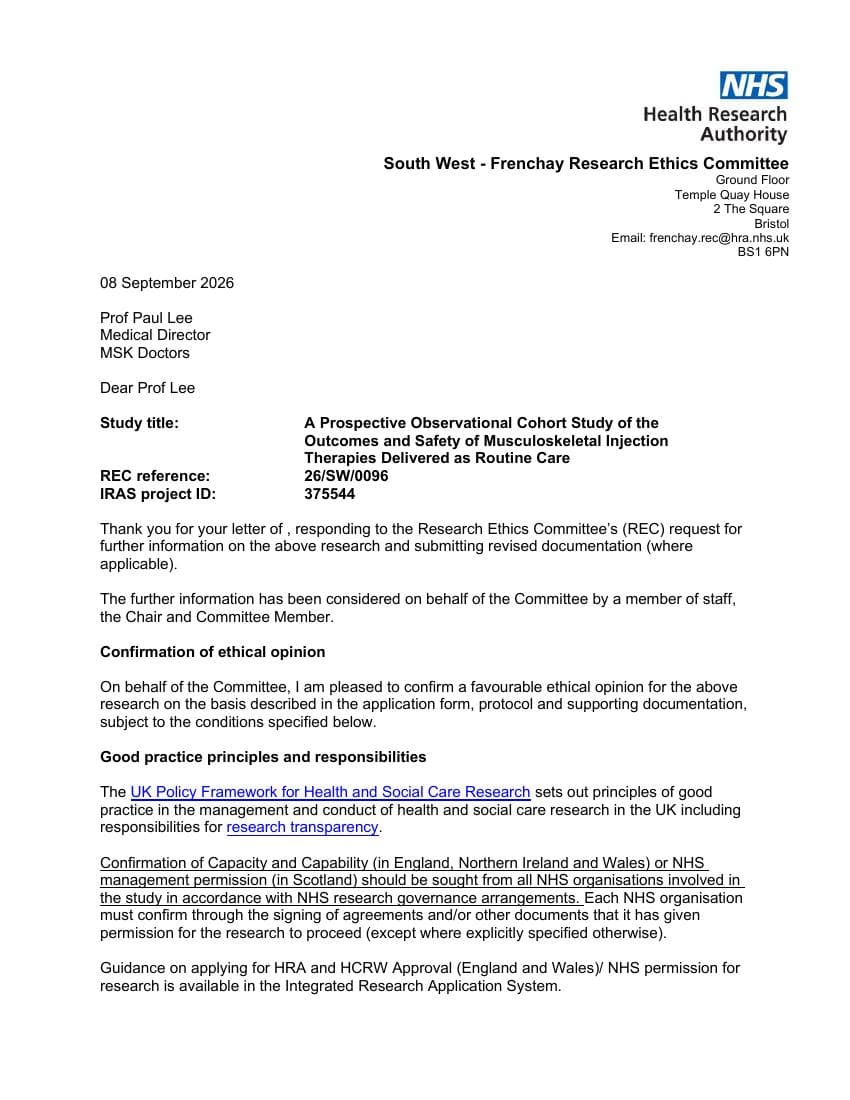 Research ethics committee approval letter for A Prospective Observational Cohort Study of the Outcomes and Safety of Musculoskeletal Injection Therapies Delivered as Routine Care